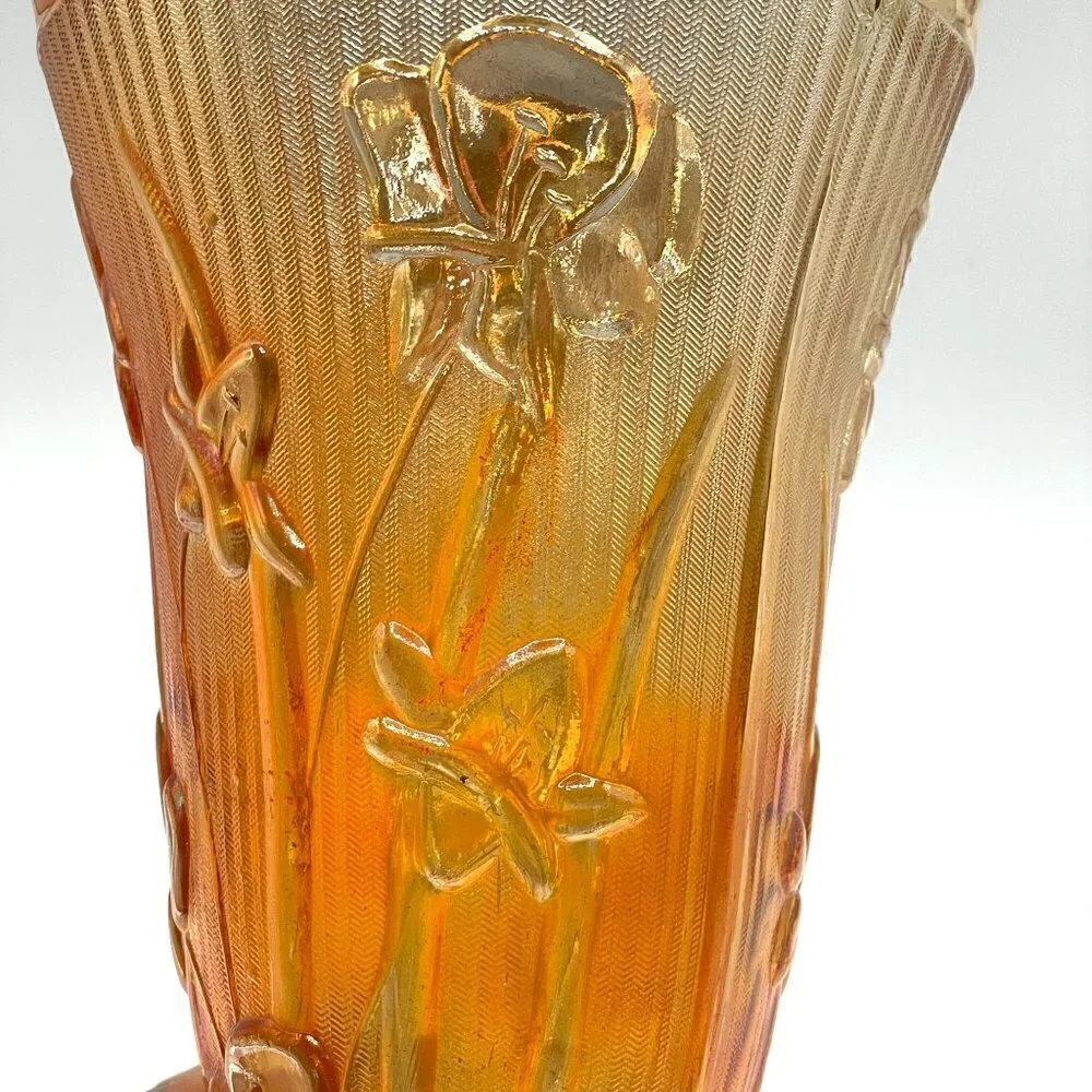 Vintage Jeanette Marigold Carnival Glass Iris Herringbone Footed Vase 9